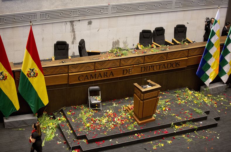 Pétalos de flores cubren la Cámara de Diputados luego de que legisladores que respaldan al expresidente Evo Morales arrojaran flores y agua al vicepresidente boliviano David Choquehuanca, durante la sesión legislativa en la que el actual presidente y vicepresidente debían pronunciar un discurso en el quinto aniversario de su gobierno, en La Paz, Bolivia, el viernes 8 de noviembre de 2024. (Foto AP/Alejandro Mamani Apaza)