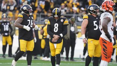 El quarterback de los Steelers de Pittsburgh Aaron Rodgers se sostiene la muñeca durante el encuentro ante los Bengals de Cincinnati el domingo 16 de noviembre del 2025. (AP Foto/Matt Freed)
