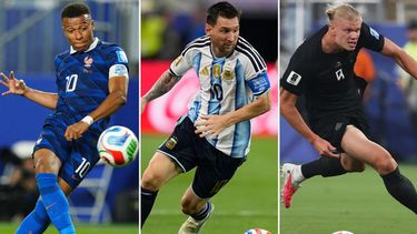 Esta combinación de fotos muestra al francés Kylian Mbappé, al argentino Lionel Messi y al noruego Erling Haaland durante sus respectivos encuentros del Mundial, el lunes 22 de junio de 2026 (AP Foto/Derik Hamilton, left, Ashley Landis, y Pamela Smith)