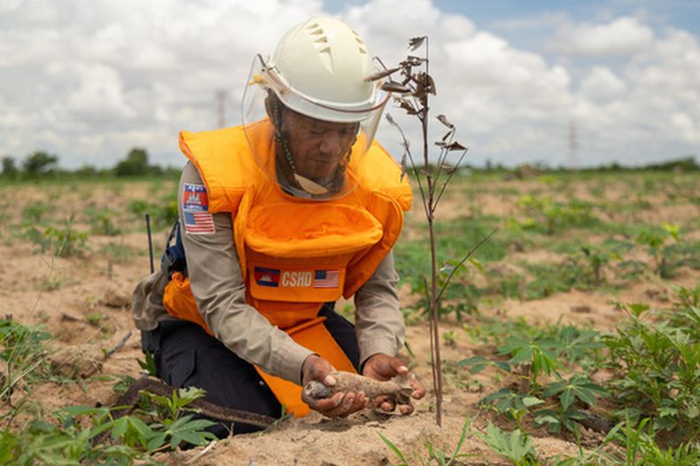 Sun Theary, miembro de un equipo de desactivación de explosivos, recoge un proyectil de mortero de 60 mm, el jueves 2 de julio de 2026, en Siem Reap, Camboya. (AP Foto/Anton L. Delgado)