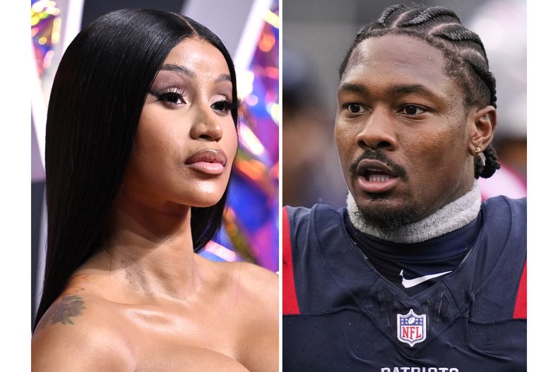 Cardi B en los Premios MTV a los Videos Musicales en Newark, Nueva Jersey, el 12 de septiembre de 2023, a la izquierda, y el receptor abierto de los Patriots de Nueva Inglaterra, Stefon Diggs, en un partido de fútbol americano de la NFL en Foxborough, Massachusetts, el 7 de septiembre de 2025. (Foto AP)