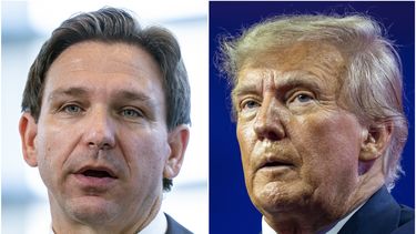 ARCHIVO - Esta combinación de fotografías muestra el gobernador de Florida, Ron DeSantis (izquierda) durante un evento en Oxon Hill, Maryland, el 21 de abril de 20203, y al expresidente Donald Trump en un evento en la misma ciudad pero el 4 de marzo de 2023. (AP Foto/Alex Brandon, Archivo)