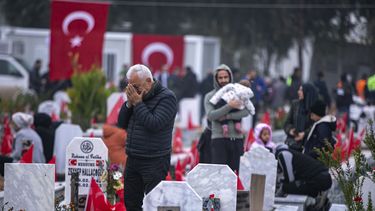 En esta imagen de archivo, la gente visita las tumbas de algunas de las víctimas de un potente sismo registrado en febrero de 2023, en Antakya, en el sur de Turquía, el 6 de febrero de 2024. (AP Foto/Metin Yoksu, archivo)