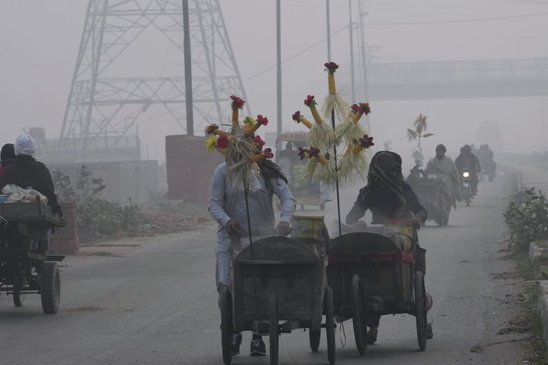 Vendedores de maíz empujan sus carritos entre la niebla contaminante que envuelve zonas de Lahore, Pakistán, el 8 de noviembre de 2023. (AP Foto/K.M. Chaudary)