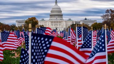 Banderas estadounidenses en miniatura ondean en el National Mall cerca del Capitolio en Washington, el lunes 10 de noviembre de 2025. (AP Foto/J. Scott Applewhite)