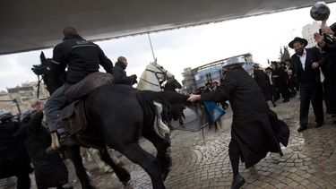 americateve | La polic[ia israel[i a caballo dispersa un grupo de jud&iacute;os ultraortodoxos durante una manifestaci&oacute;n en Jerusal&eacute;n el jueves 6 de febrero del 2014. Miles de jud&iacute;os ultraortodoxos bloquearon el jueves varias carreteras israel&iacu