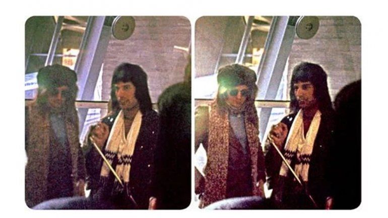 Freddie Mercury con Roger Taylor, baterista de Queen, en el aeropuerto Charles de Gaulle, durante una gira por Francia en 1975 (BM)