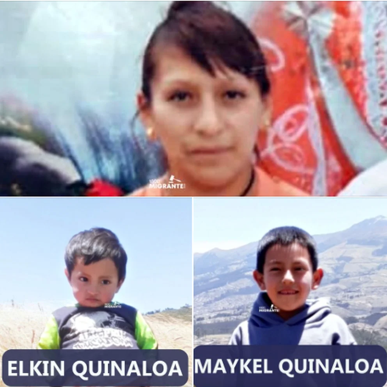 Soledad Yantaguano, de 27 años, y sus hijos Elkin Quinaloa, de 4 años, y Maykel Quinaloa, de 9 años, están desaparecidos luego de que la lancha en la que viajaban naufragara en México. (1800Migrantes.com)