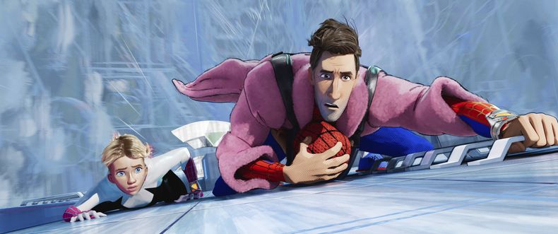 En esta imagen proporcionada por Sony Pictures Animation Gwen Stacy, con la voz de Hailee Steinfeld, izquierda, y Peter B. Parker, con la voz de Jake Johnson en una escena de la película de Columbia Pictures y Sony Pictures Animation Spider-Man: Across the Spider-Verse. (Sony Pictures Animation vía AP)