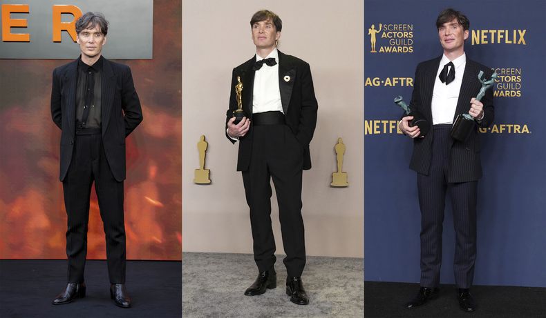 Esta combinación de fotografías muestra al actor Cillian Murphy con una camisa transparente y un traje de rayas de Saint Laurent en el estreno en Londres de Oppenheimer el 13 de julio de 2023, izquierda, Murphy con un traje negro a la medida de Atelier Versace con un broche de Sauvereign, con el premio a mejor actor por en los Oscar en Los Ángeles el 10 de marzo, centro, y en un traje de Saint Laurent en los Premios SAG en Los Ángeles el 24 de febrero donde ganó el premio a mejor actor y mejor elenco por Oppenheimer. (Foto AP)