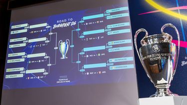 Los cruces de los repechajes de la Liga de Campeones aparecen en la pantalla tras el sorteo, el viernes 30 de enero de 2026, en Nyon, Suiza. (Martial Trezzini/Keystone vía AP)