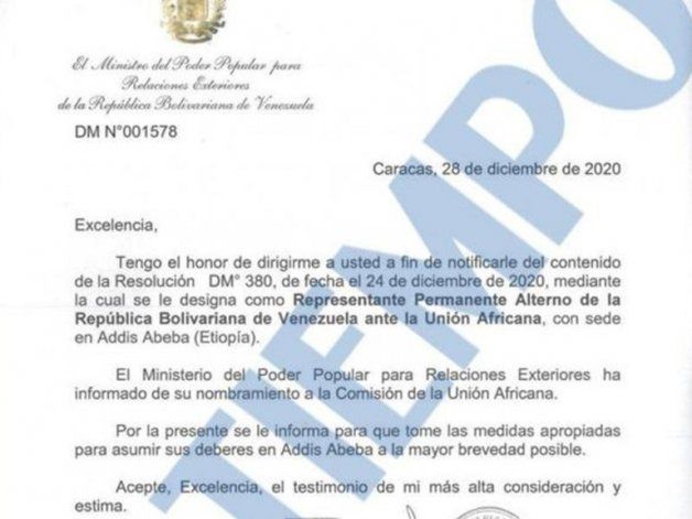 El oficio con el que el canciller Jorge Arreaza pidió que Saab asuma funciones inmediatas en Etiopía (Crédito: El Tiempo)