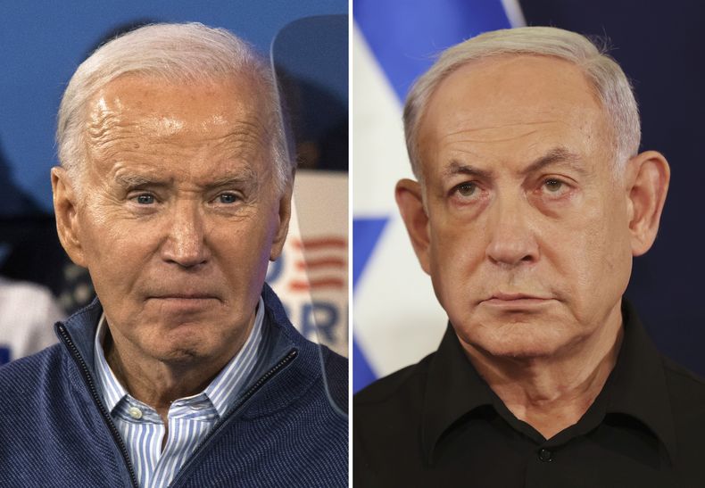 Esta fotografía combinada muestra al presidente de Estados Unidos Joe Biden, a la izquierda, el 8 de marzo de 2024, en Wallingford, Pensilvania, y al primer ministro israelí Benjamin Netanyahu, el 29 de octubre de 2023, en Tel Aviv, Israel. (AP Foto)