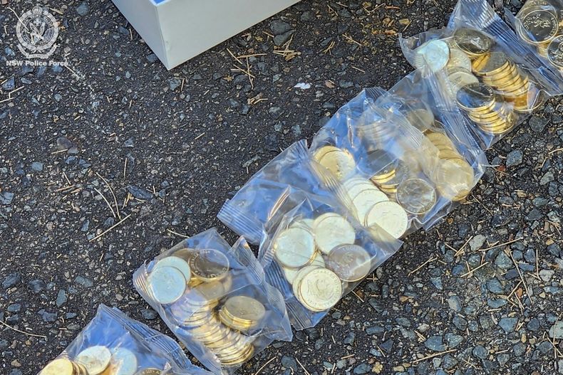 Esta imagen proporcionada por la policía de Nueva Gales del Sur muestra algunas de las 40.000 monedas de edición limitada de Bluey que habían sido robadas, y fueron recuperadas en un suburbio al oeste de Sydney, el lunes 29 de octubre de 2024. (Nueva Gales del Sur via AP)