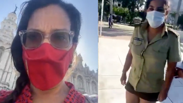 el momento en que la periodista cubana luz escobar es detenida en el parque central de la habana