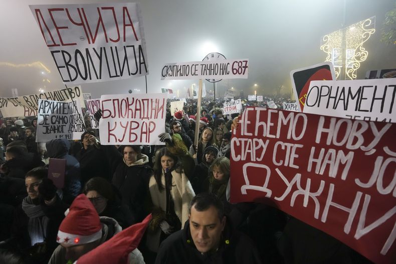 Estudiantes marchan el martes 31 de diciembre de 2024 durante una protesta en Belgrado, Serbia. (AP Foto/Darko Vojinovic)