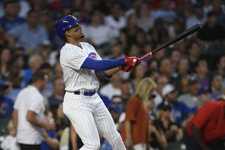 El dominicano Christopher Morel conecta un jonrón de dos carreras en el encuentro del miércoles 2 de agosto de 2023, ante los Rojos de Cincinnati (AP Foto/Paul Beaty)