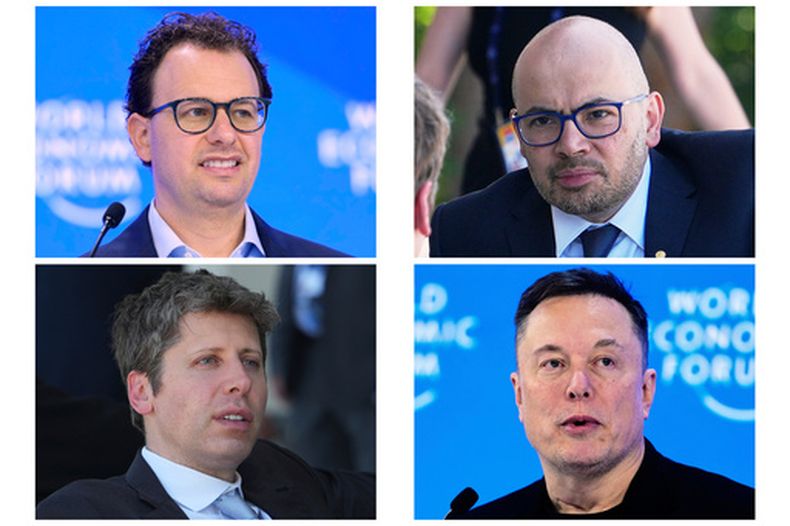 Esta combinación de fotos muestra al CEO y cofundador de Anthropic, Dario Amodei, arriba a la izquierda, el 23 de enero de 2025, al cofundador de Google DeepMind Demis Hassabis, arriba a la derecha, y al CEO de OpenAI Sam Altman, abajo a la izquierda, el 17 de junio de 2026, y al CEO de SpaceXAI Elon Musk, abajo a la derecha, el 22 de enero de 2026. (AP Foto/Markus Schreiber, Julia Demaree Nikhinson)