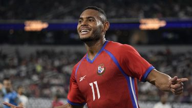 El delantero de Panamá Ismael Díaz celebra tras anotar un gol en el encuentro de cuartos de final de la Copa Oro CONCACAF ante Qatar el sábado 8 de julio del 2023. (AP Foto/Sam Hodde)
