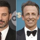 En esta combinación de fotografías de izquierda a derecha, Jimmy Fallon, Jimmy Kimmel, Seth Meyers, y Stephen Colbert. Los presentadores de programas nocturnos de tertulia volvieron al aire el 2 de octubre de 2023 por primera vez en cinco meses tras el fin de la huelga de guionistas en Estados Unidos. (Foto AP)