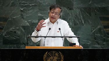 El presidente de Colombia, Gustavo Petro Urrego, se dirige al 80mo periodo de sesiones de la Asamblea General de las Naciones Unidas, el martes 23 de septiembre de 2025, en la sede de la ONU. (AP Foto/Pamela Smith)