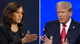 En esta combinación de fotos, la candidata a la vicepresidencia, la senadora Kamala Harris, habla durante un debate, el 7 de octubre de 2020, en Salt Lake City, izquierda, y el candidato presidencial republicano, el expresidente Donald Trump, habla durante un debate, el 27 de junio de 2024, en Atlanta. (AP Foto)