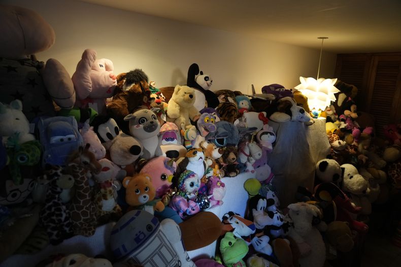 Peluches restaurados y recuperados por voluntarias almacenados antes de ser donados a niños vulnerables como regalos de Navidad, en la organización sin fines de lucro Hospital de los Peluches, en Caracas, Venezuela, el jueves 5 de diciembre de 2024. (AP Foto/Ariana Cubillos)