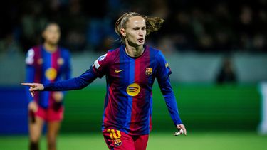 La jugadora del FC Barcelona, Caroline Graham Hansen, durante un partido de la fase de grupos de la Liga de Campeones femenina entre el HB Koege y el Barcelona en Koge, Dinamarca, el jueves 29 de octubre de 2026. (Sebastian Elias Uth/Ritzau Scanpix vía AP)