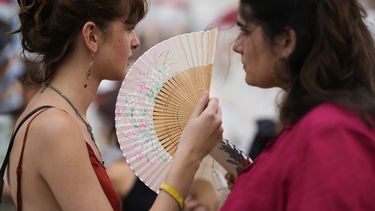 Manifestantes utilizan abanicos para aliviar el calor durante una protesta contra la crisis de vivienda en Portugal, en Lisboa, el sábado 28 de junio de 2025. (AP Foto/Armando Franca)