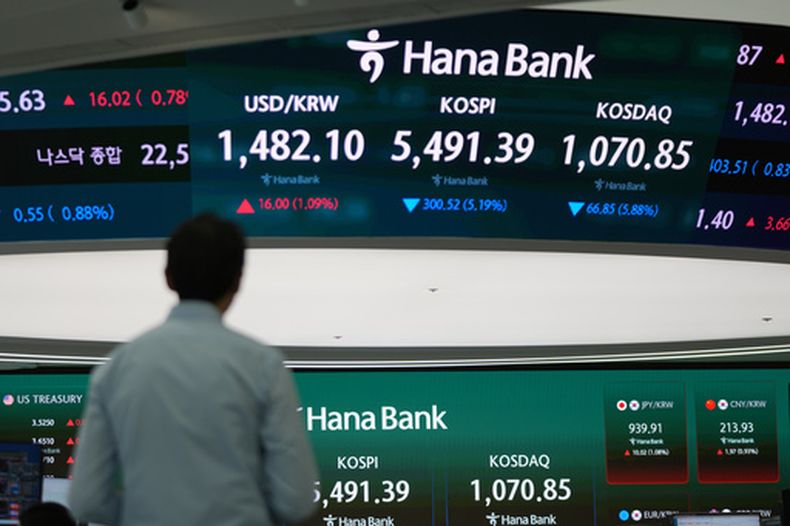 Un operador camina cerca de las pantallas que muestran el índice compuesto de precios bursátiles de Corea (KOSPI) y el tipo de cambio entre el dólar estadounidense y el won surcoreano en una sala de operaciones del Hana Bank en Seúl, Corea del Sur, el miércoles 4 de marzo de 2026. (AP Foto/Lee Jin-man)