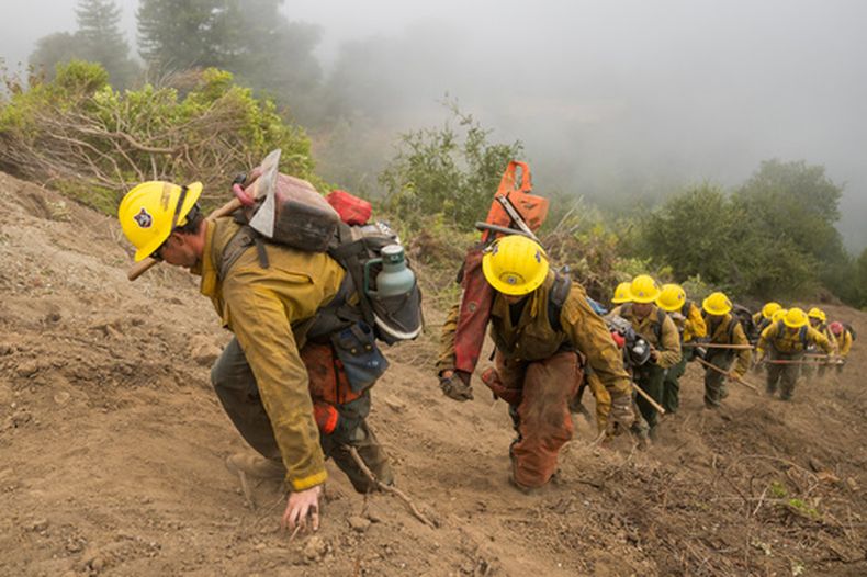 Una cuadrilla de bomberos regresa a pie a Coast Ridge Road para ayudar a controlar el incendio Timber en Big Sur, California, el jueves 13 de agosto de 2026. (Foto AP/Nic Coury)