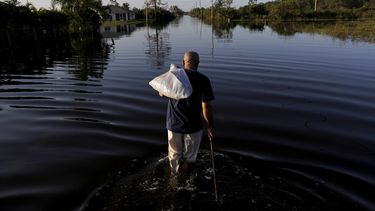 Jean Chatelier camina por una calle inundada luego del huracán Irma, en Fort Myers, Florida, el 12 de septiembre del 2017. (AP foto/David Goldman)