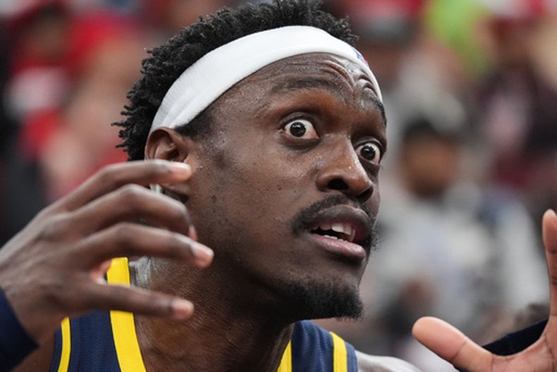 Pascal Siakam, de los Pacers de Indiana, reacciona durante el partido del miércoles 1 de abril de 2026 ante los Bulls de Chicago (AP Foto/Nam Y. Huh)