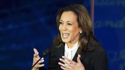 La vicepresidenta estadounidense Kamala Harris, candidata demócrata a la presidencia, habla en un debate con el candidato republicano, el expresidente Donald Trump, en el National Constitution Center, el martes 10 de septiembre de 2024, en Filadelfia. (Foto AP/Alex Brandon)