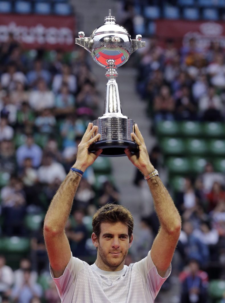 El argentino Juan Mart&iacute;n del Potro alza el trofeo tras coronarse en el Abierto de Jap&oacute;n al vencer al canadiense Milos Raonic en la final, en Tokio, el domingo 6 de octubre de 2013. (Foto AP/Shizuo Kambayashi)