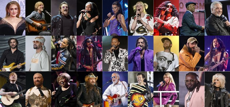 En esta combinación de fotografías músicos que se se han presentado en la serie Tiny Desk Concert de NPR, en la fila superior de izquierda a derecha Adele, Trey Anastasio, Bono, Andra Day, Dua Lipa, Billie Eilish, H.E.R., Booker T. Jones, Tom Jones, segunda fila de izquierda a derecha, Juanes, Juvenile, Alicia Keys, Lenny Kravitz, John Legend, Maluma, Mac Miller, Post Malone, Olivia Rodrigo, fila inferior de izquierda a derecha, Ed Sheeran, Sam Smith, Mavis Staples, Chris Stapleton, Yusuf/Cat Stevens, Harry Styles, Taylor Swift, T-Pain y Lucinda Williams. (Foto AP)