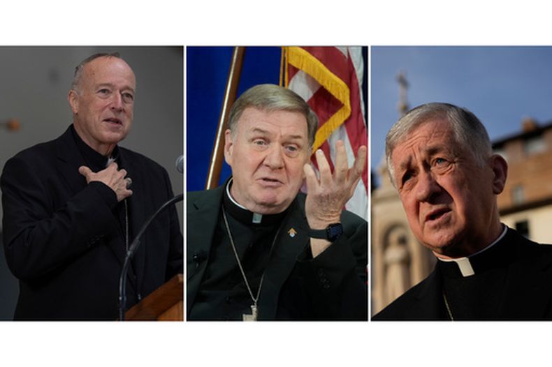 De izq a der: el cardenal Robert McElroy, el cardenal Joseph Tobin y el cardenal Blase Cupich. (AP foto)