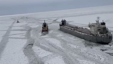 La Estación Aérea en Detroit de la Guardia Costera de Estados Unidos despliega una cuadrilla de helicóptero para sobrevuelos en torno al buque canadiense Manitoulin atrapado en el congelado lago Erie, el sábado 25 de enero de 2025 en Buffalo, Nueva York. (Estación Aérea en Detroit de la Guardia Costera de Estados Unidos vía AP)