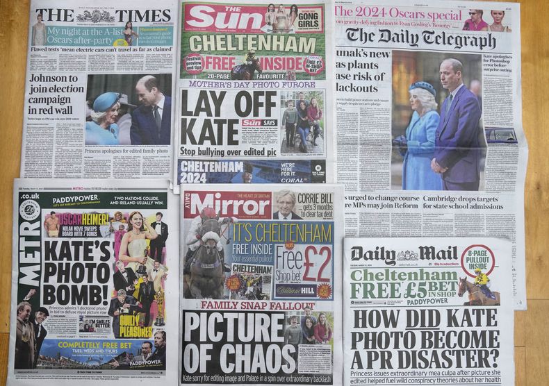 Un montaje de algunas de las portadas de los periódicos británicos, en Londres, el martes 12 de marzo de 2024. La princesa de Gales se ha disculpado por la confusión causada por una fotografía familiar editada publicada por el palacio. (Foto AP/Kirsty Wigglesworth)