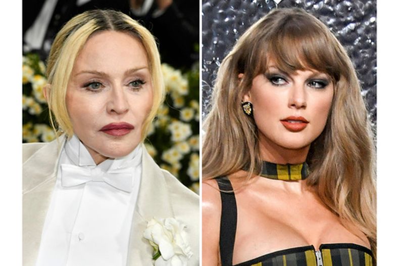 Madonna en la gala benéfica del Instituto del Vestido del Museo Metropolitano de Arte en Nueva York el 5 de mayo de 2025, izquierda, y Taylor Swift en los Premios MTV a los Videos Musicales en Elmont, Nueva York, el 11 de septiembre de 2024. (Foto Evan Agostini/Invision/AP, archivo)