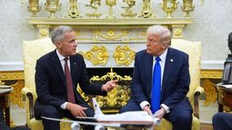 ARCHIVO - El primer ministro canadiense Mark Carney habla con el presidente estadounidense Donald Trump en la Casa Blanca, el 7 de octubre de 2025, en Washington. (AP Foto/Evan Vucci, Archivo)