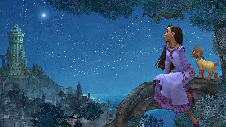 En esta imagen proporcionada por Disney, Asha, con la voz de Ariana DeBose, izquierda, y Valentino, con la voz de Alan Tudyk, en una escena de la película animada Wish. (Disney vía AP)