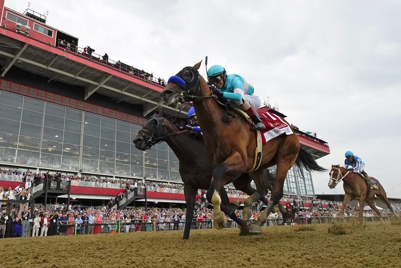 Montado por el boricua John Velázquez, National Treasure gana la 148va edición de Preakness Stakes en Pimlico, el 20 de mayo de 2023 (AP Foto/Julio Cortez)