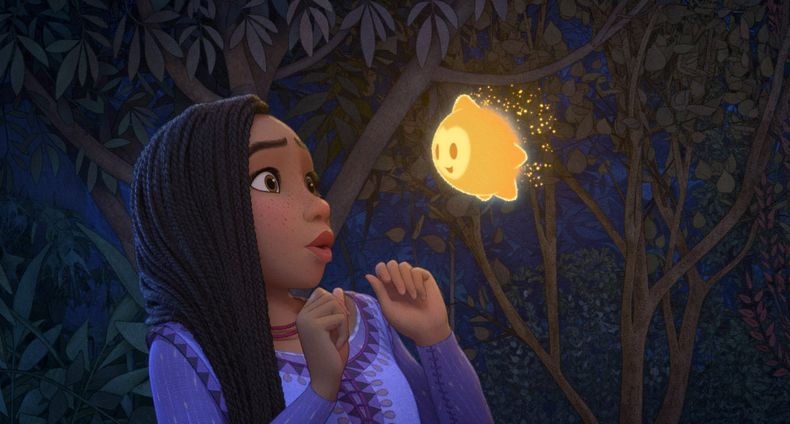 En esta imagen proporcionada por Disney, Asha con la voz de Ariana DeBose, en una escena de la película animada Wish. (Disney vía AP)