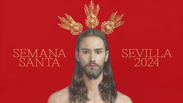 Esta fotografía difundida por el Consejo de Hermandades de Sevilla el viernes 2 de febrero de 2014 muestra el cartel que promueve las actividades de Semana Santa en Sevilla. El cartel, obra del artista sevillano Salustiano García Cruz, en que se representa a Jesús joven, apuesto y vistiendo sólo un taparrabos, ha desatado polémica en las redes sociales. (Consejo de Hermandades de Sevilla vía AP)