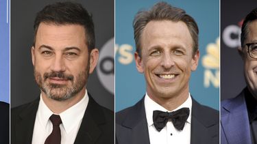 En esta combinación de fotografías de izquierda a derecha, Jimmy Fallon, Jimmy Kimmel, Seth Meyers, y Stephen Colbert. Los presentadores de programas nocturnos de tertulia volvieron al aire el 2 de octubre de 2023 por primera vez en cinco meses tras el fin de la huelga de guionistas en Estados Unidos. (Foto AP)