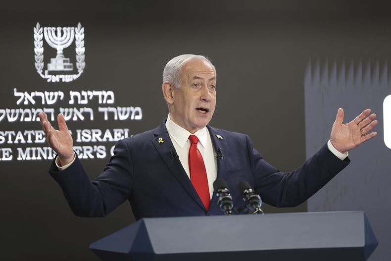 El primer ministro israelí Benjamin Netanyahu en conferencia de prensa en Jerusalén el 10 de agosto del 2025. (Abir Sultan/Pool Photo via AP)