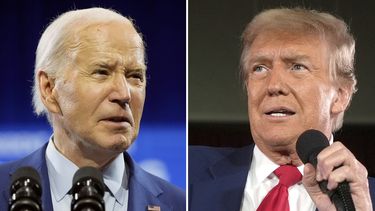 En esta foto combinada, el presidente Joe Biden habla el 2 de mayo de 2024, en Wilmington, Carolina del Norte, izquierda, y el expresidente Donald Trump, habla en un mitin de campaña, el 1 de mayo de 2024, en Waukesha, Wisconsin. (Foto AP)