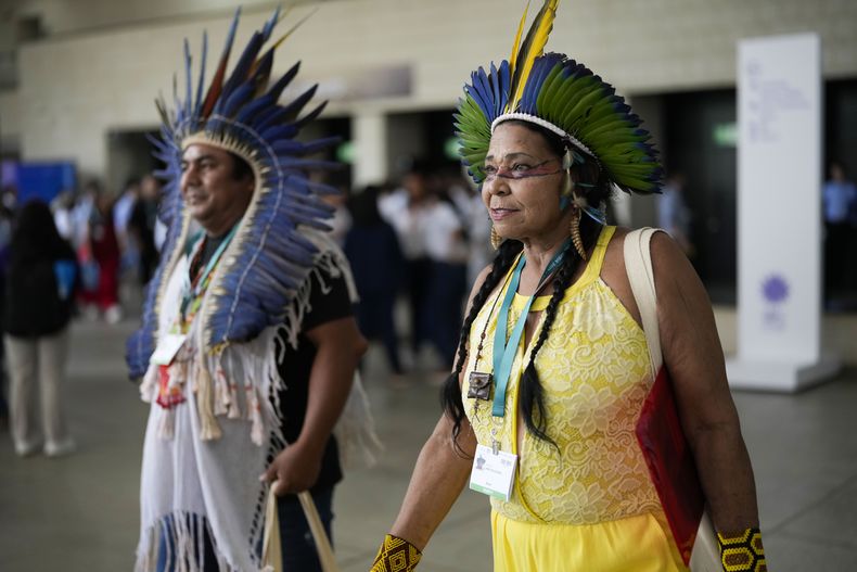 Miembros de la delegación indígena de Brasil llegan a la ceremonia de apertura de la conferencia de las Naciones Unidas sobre biodiversidad, COP16, en Cali, Colombia, el domingo 20 de octubre de 2024. (Foto AP/Fernando Vergara)