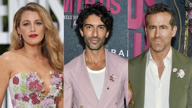 Esta combinación de imágenes muestra a Blake Lively en la proyección en Londres de la película It Ends With Us el 8 de agosto de 2024, a la izquierda, y a Justin Baldoni, en el centro, y Ryan Reynolds en fotografías separadas en el estreno mundial de la película en Nueva York el 6 de agosto de 2024. (Foto AP)